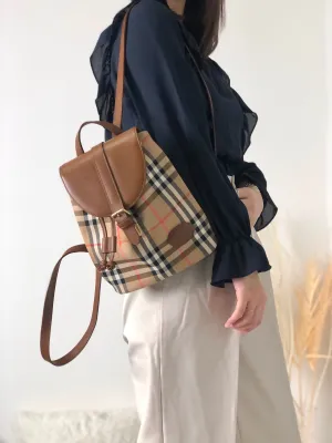 BURBERRY Classic Check Front Buckle Canvas Leather Backpack Beige Vintage x6idrn