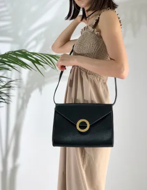 CELINE Logo Circle Embossed Leather 2way Clutch Shoulder Bag Black Vintage Old Celine gbnmjz