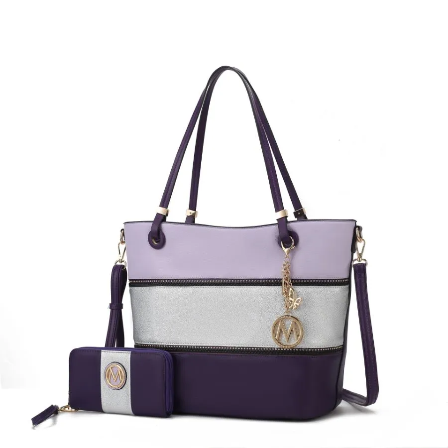 Vallie Color-Block Vegan Leather Women’s Tote Bag with Matching Wallet – 2 pcs
