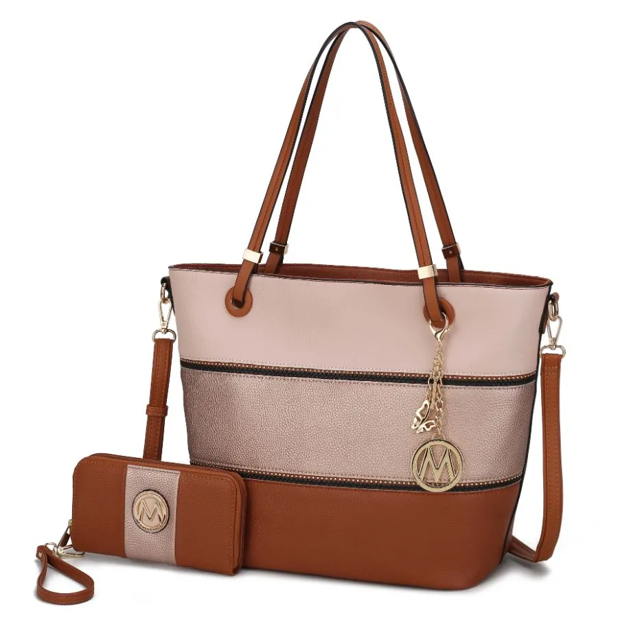 Vallie Color-Block Vegan Leather Women’s Tote Bag with Matching Wallet – 2 pcs