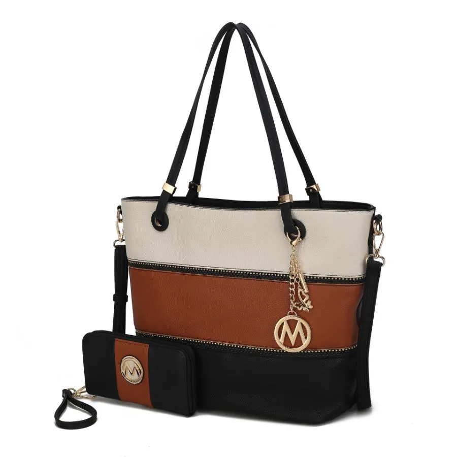 Vallie Color-Block Vegan Leather Women’s Tote Bag with Matching Wallet – 2 pcs