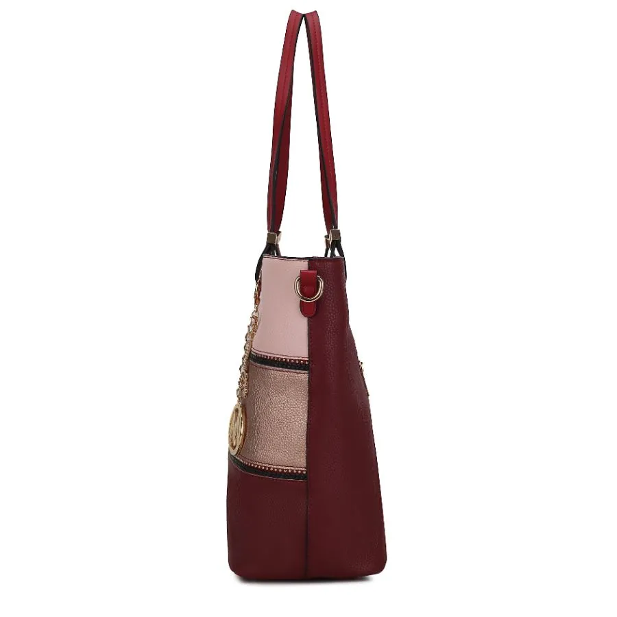 Vallie Color-Block Vegan Leather Women’s Tote Bag with Matching Wallet – 2 pcs