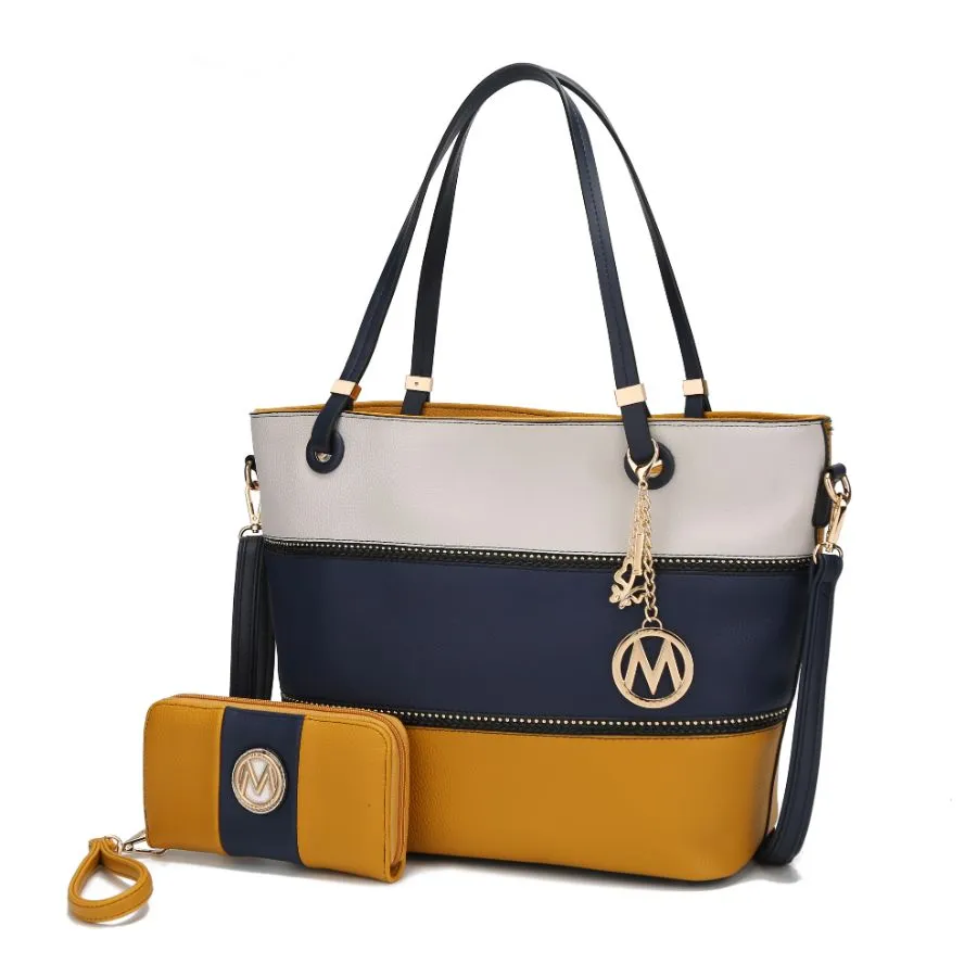 Vallie Color-Block Vegan Leather Women’s Tote Bag with Matching Wallet – 2 pcs