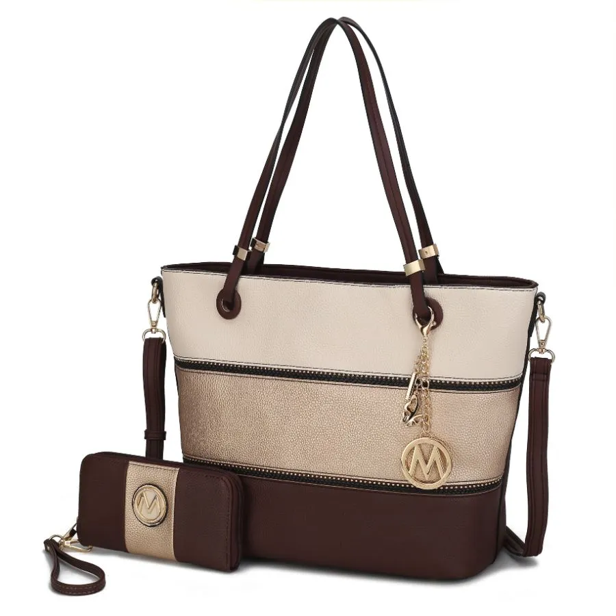 Vallie Color-Block Vegan Leather Women’s Tote Bag with Matching Wallet – 2 pcs
