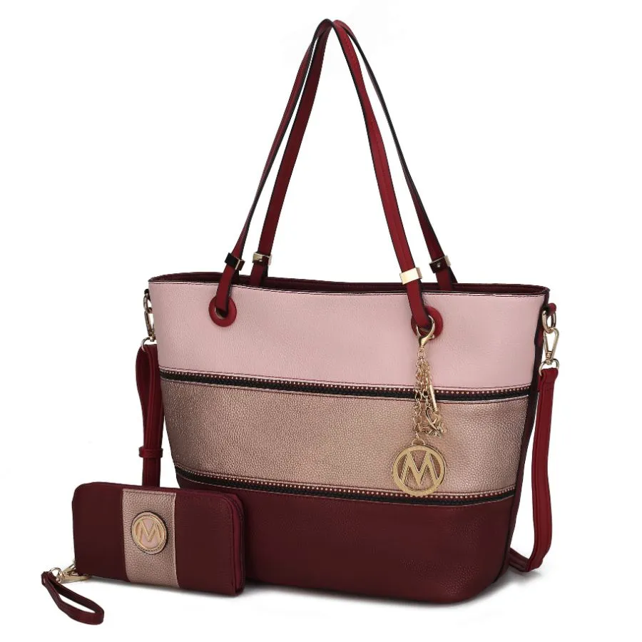 Vallie Color-Block Vegan Leather Women’s Tote Bag with Matching Wallet – 2 pcs