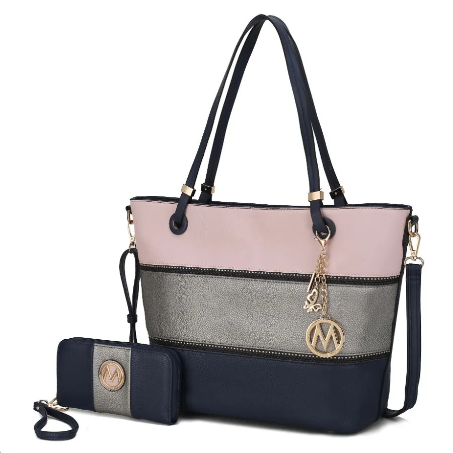 Vallie Color-Block Vegan Leather Women’s Tote Bag with Matching Wallet – 2 pcs