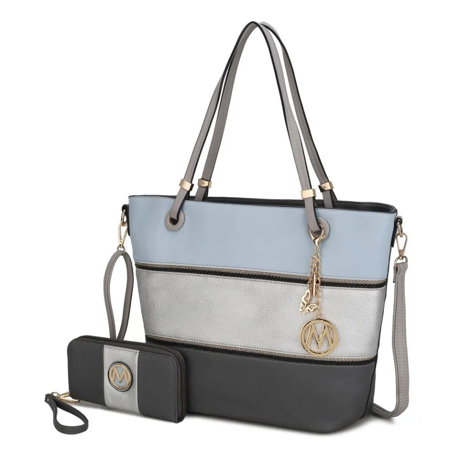 Vallie Color-Block Vegan Leather Women’s Tote Bag with Matching Wallet – 2 pcs