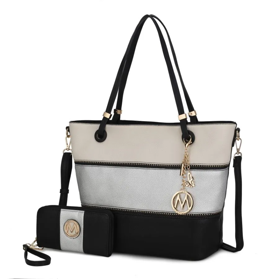 Vallie Color-Block Vegan Leather Women’s Tote Bag with Matching Wallet – 2 pcs
